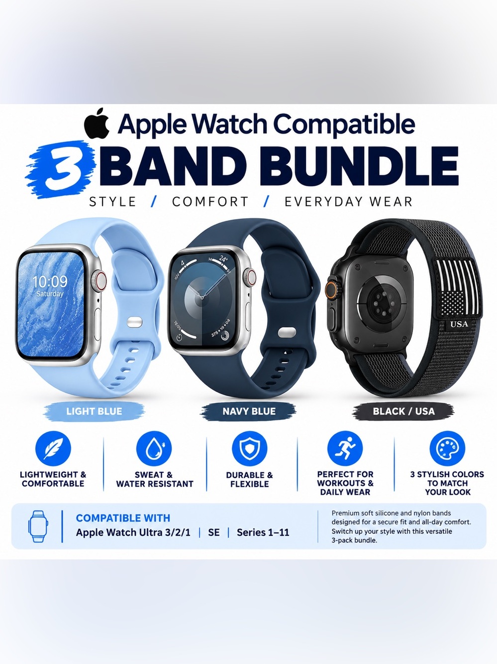 Apple Watch Compatible 3-Band Navy Blue, light Blue and USA Bundle #46